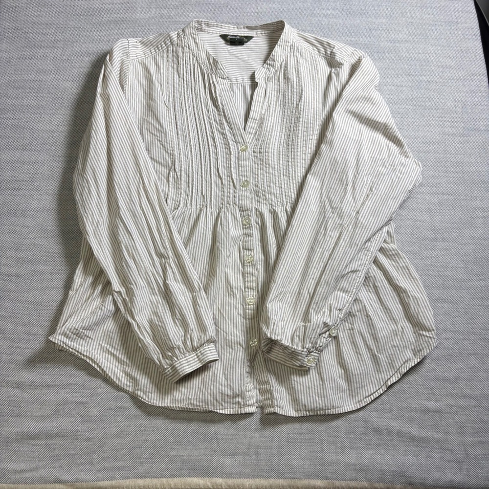 Eddie Bauer Pintuck Blouse Large Tan White Striped Cotton Button Up MSRP $60